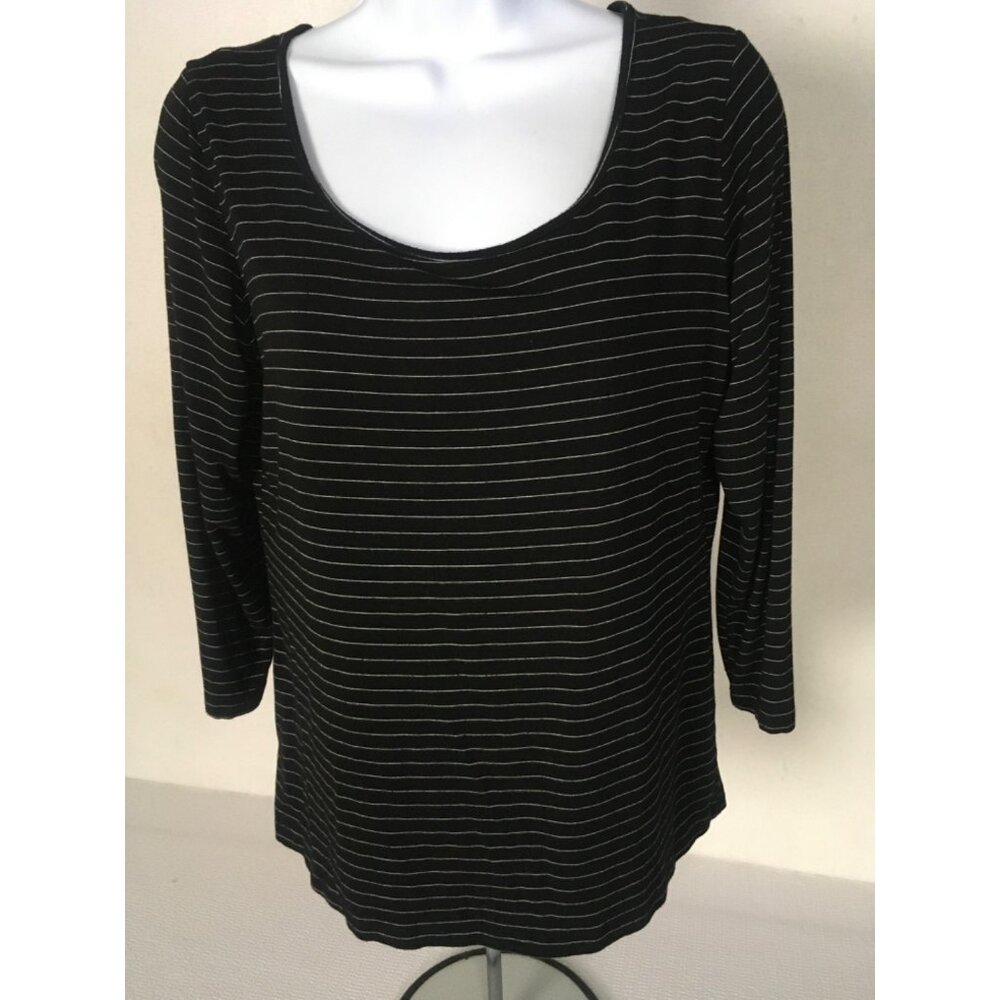 Comfy Top Women Size L Black w Thin Silver Stripes Scoop Neck 3/4 Sleeves